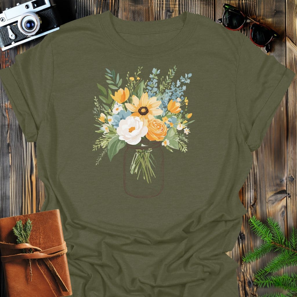 Rustic Bloom T-Shirt In Military Green / S Lightweight adventure tee for outdoor lovers Perfect for hiking camping or road trips Made from soft breathable cotton for all-day comfort Ideal for nature lovers and adventurers FAYO Threads outdoor apparel remember Fun Awaits You Outside