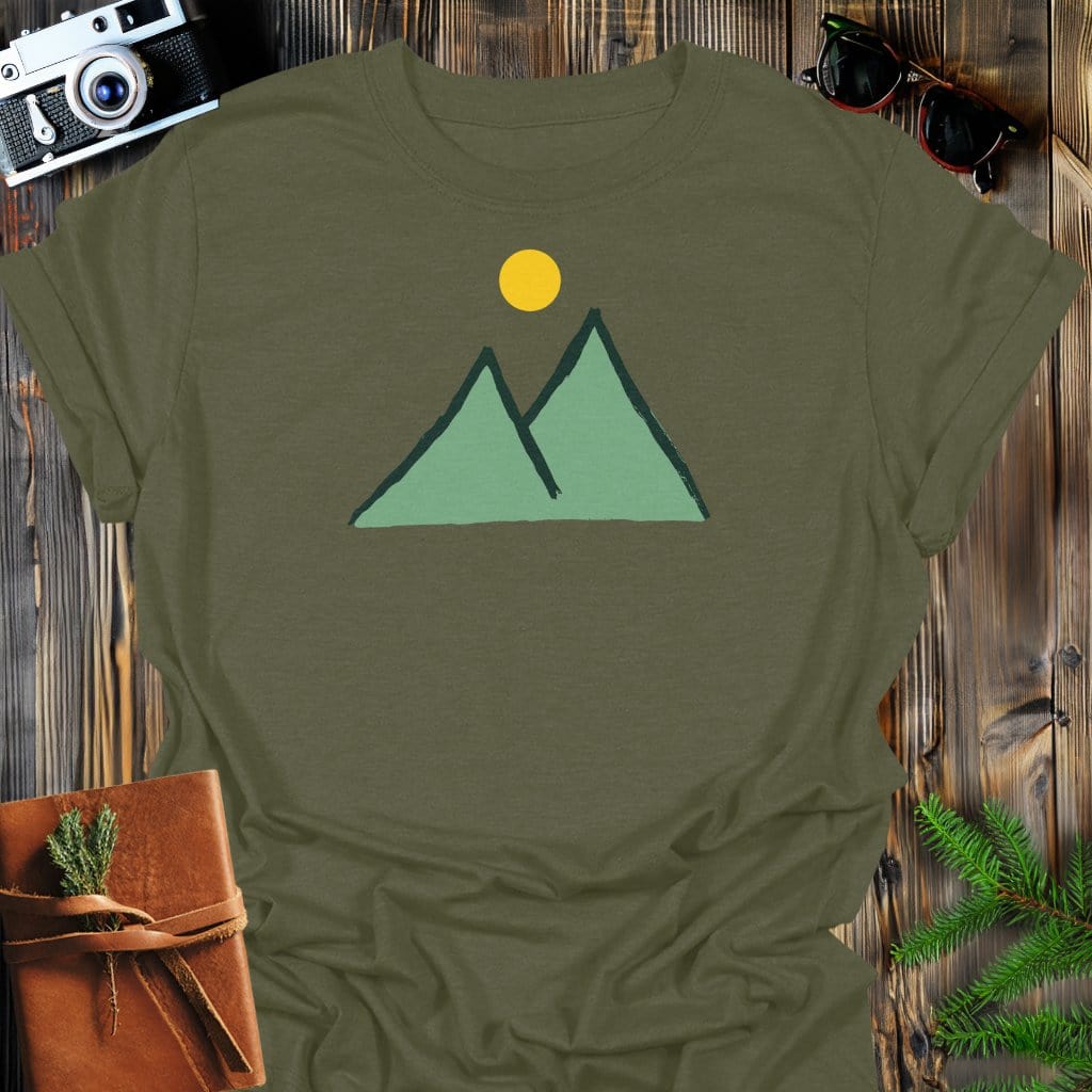 Sunny Peaks T-Shirt In Military Green / S Lightweight adventure tee for outdoor lovers Perfect for hiking camping or road trips Made from soft breathable cotton for all-day comfort Ideal for nature lovers and adventurers FAYO Threads outdoor apparel remember Fun Awaits You Outside