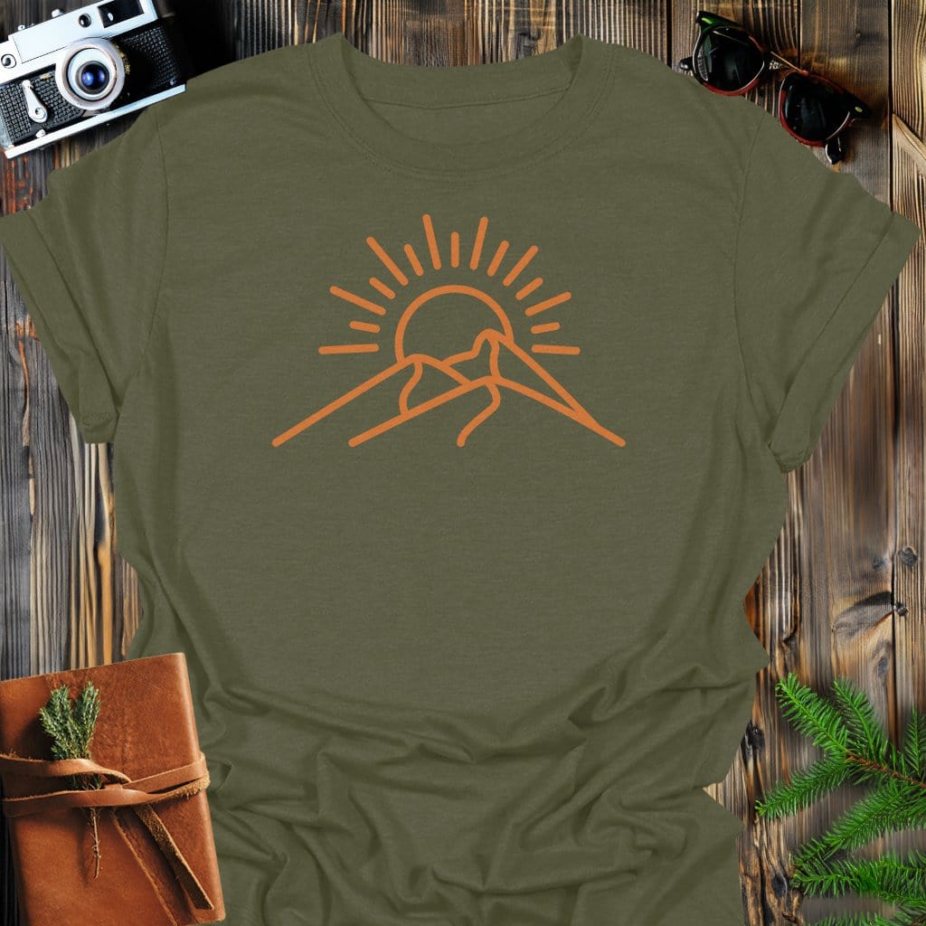 Sunrise Ridge T-Shirt In Military Green / S Lightweight adventure tee for outdoor lovers Perfect for hiking camping or road trips Made from soft breathable cotton for all-day comfort Ideal for nature lovers and adventurers FAYO Threads outdoor apparel remember Fun Awaits You Outside