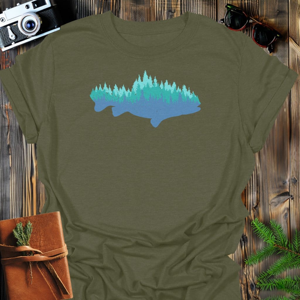 Timber Trout T-Shirt In Military Green / S Lightweight adventure tee for outdoor lovers Perfect for hiking camping or road trips Made from soft breathable cotton for all-day comfort Ideal for nature lovers and adventurers FAYO Threads outdoor apparel remember Fun Awaits You Outside