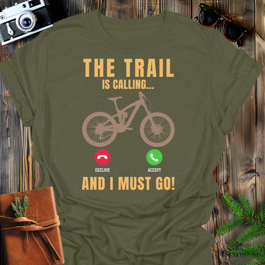 Trail Is Calling T-Shirt In Military Green / S Lightweight adventure tee for outdoor lovers Perfect for hiking camping or road trips Made from soft breathable cotton for all-day comfort Ideal for nature lovers and adventurers FAYO Threads outdoor apparel remember Fun Awaits You Outside