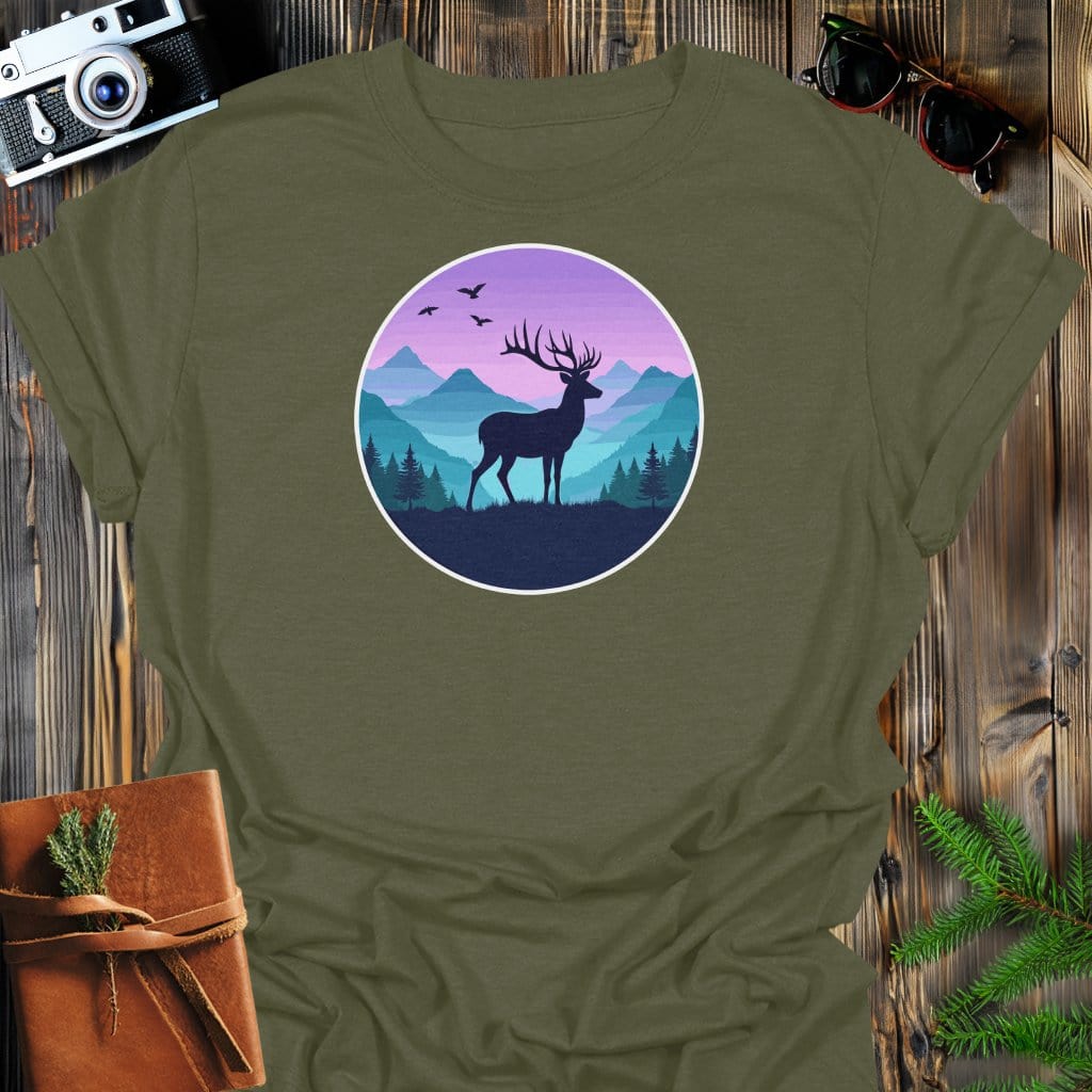 Twilight Buck T-Shirt In Military Green / S Lightweight adventure tee for outdoor lovers Perfect for hiking camping or road trips Made from soft breathable cotton for all-day comfort Ideal for nature lovers and adventurers FAYO Threads outdoor apparel remember Fun Awaits You Outside