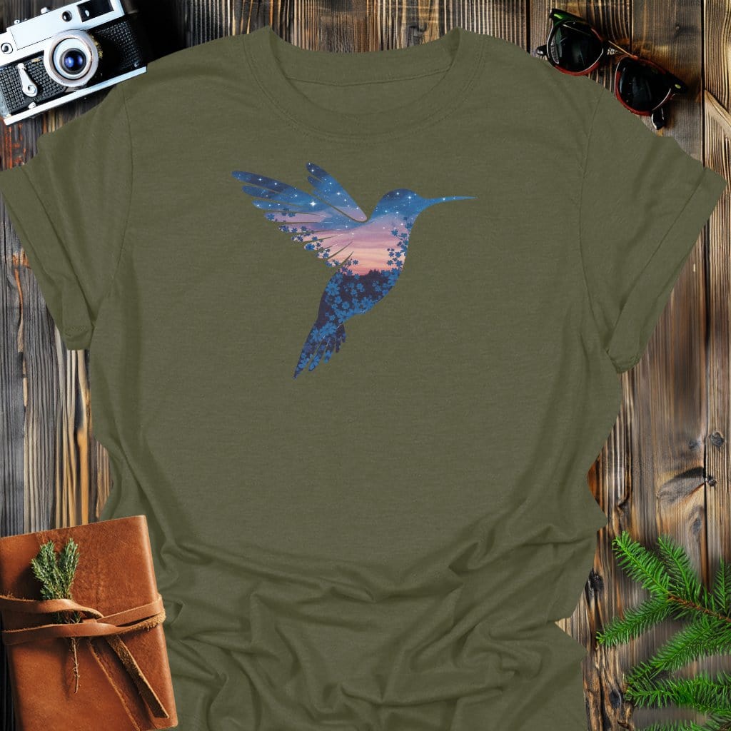 Twilight Hummingbird T-Shirt In Military Green / S Lightweight adventure tee for outdoor lovers Perfect for hiking camping or road trips Made from soft breathable cotton for all-day comfort Ideal for nature lovers and adventurers FAYO Threads outdoor apparel remember Fun Awaits You Outside