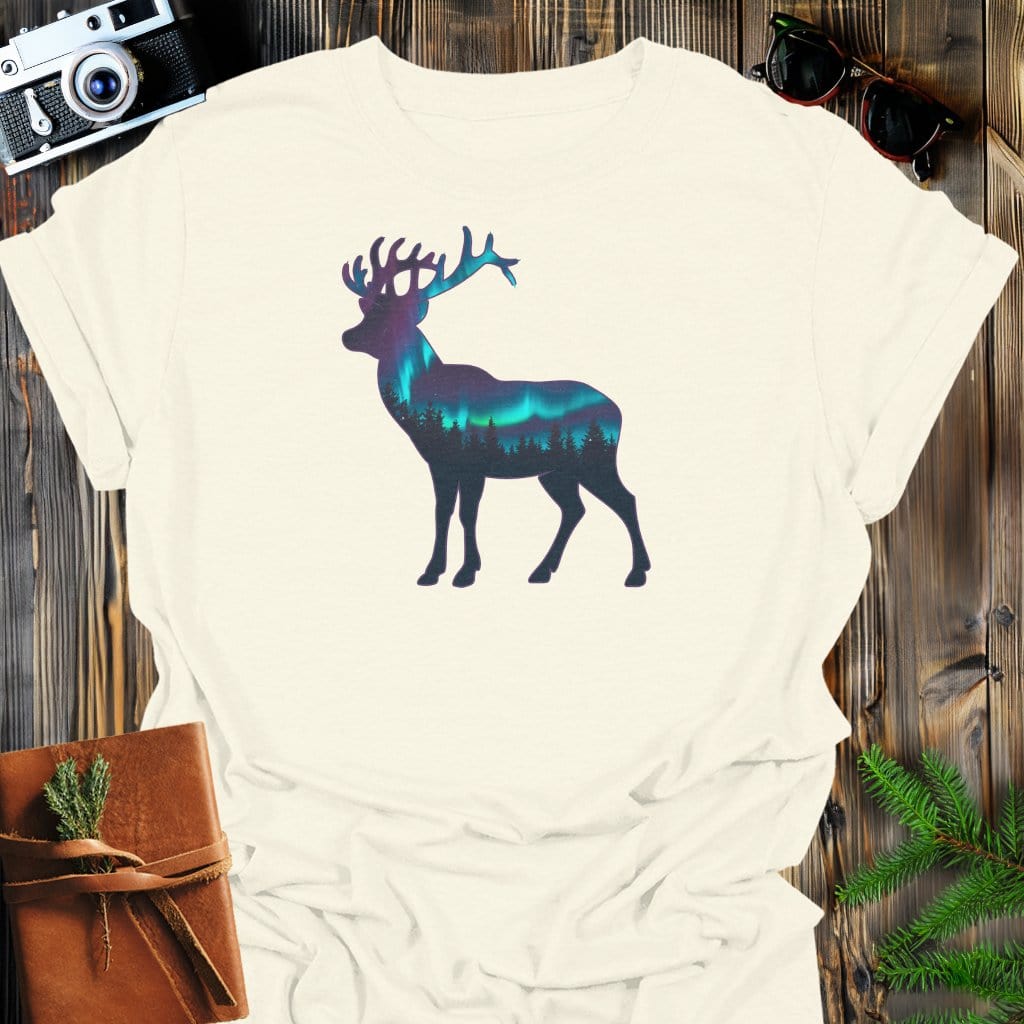 Aurora Stag T-Shirt In Natural / S Lightweight adventure tee for outdoor lovers Perfect for hiking camping or road trips Made from soft breathable cotton for all-day comfort Ideal for nature lovers and adventurers FAYO Threads outdoor apparel remember Fun Awaits You Outside