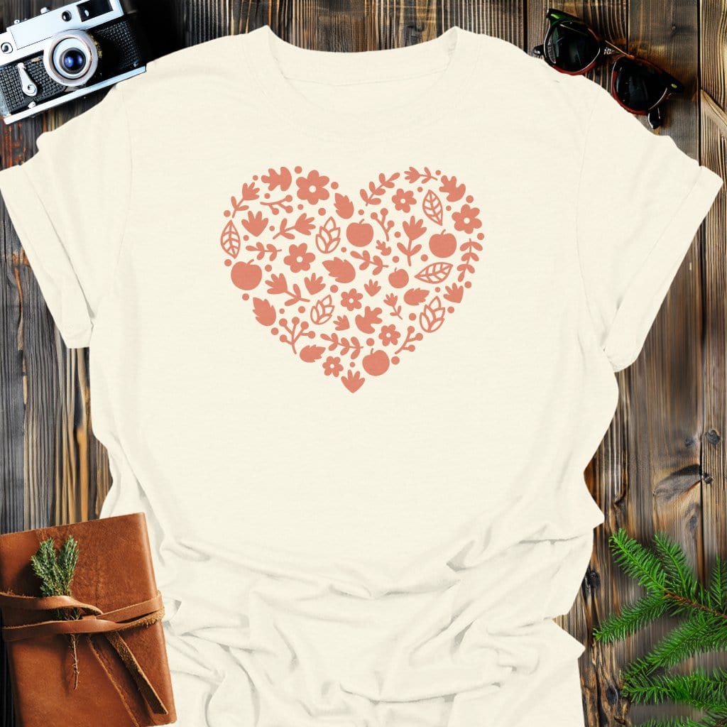 Floral Heart T-Shirt In Natural / S Lightweight adventure tee for outdoor lovers Perfect for hiking camping or road trips Made from soft breathable cotton for all-day comfort Ideal for nature lovers and adventurers FAYO Threads outdoor apparel remember Fun Awaits You Outside