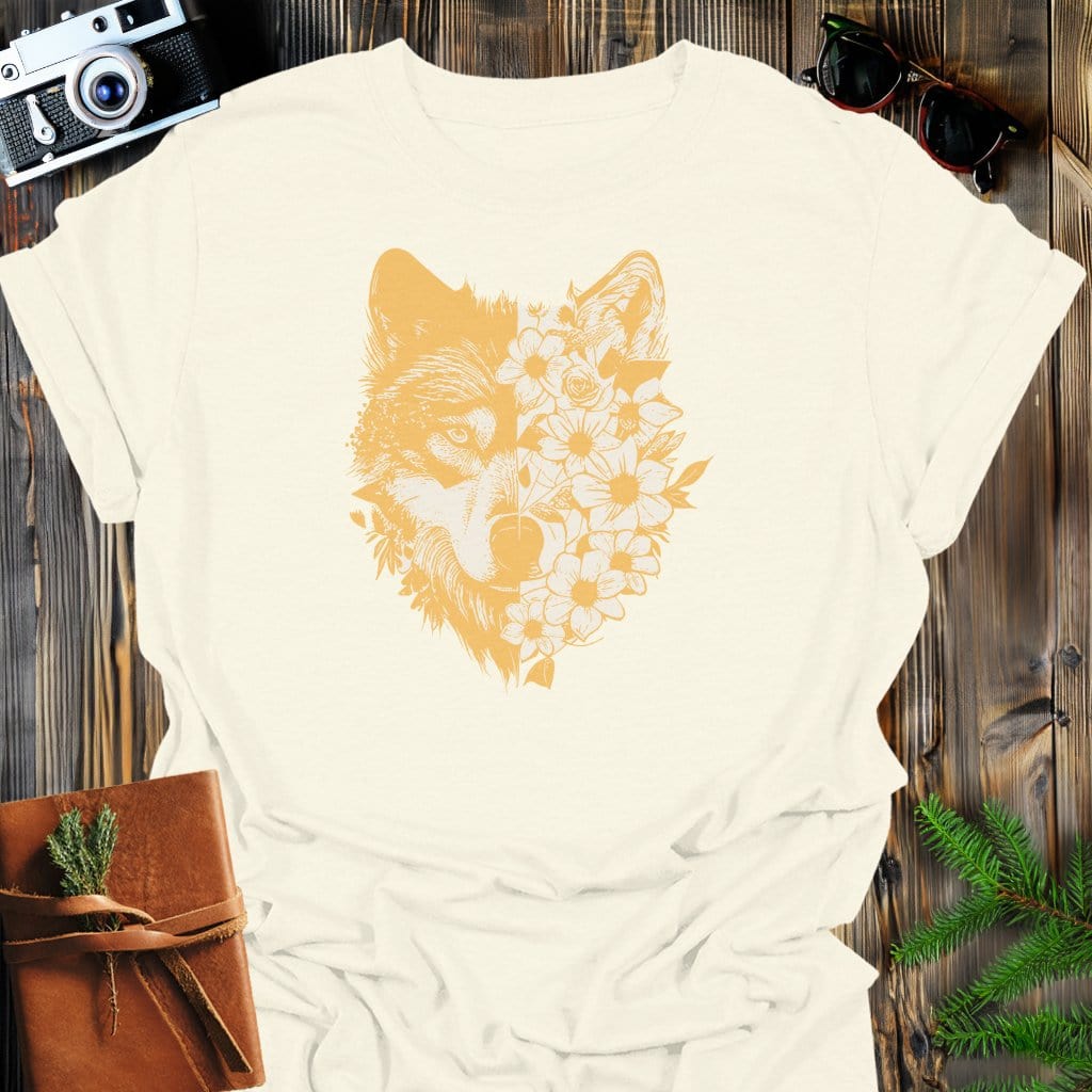 Floral Wolf T-Shirt In Natural / S Lightweight adventure tee for outdoor lovers Perfect for hiking camping or road trips Made from soft breathable cotton for all-day comfort Ideal for nature lovers and adventurers FAYO Threads outdoor apparel remember Fun Awaits You Outside