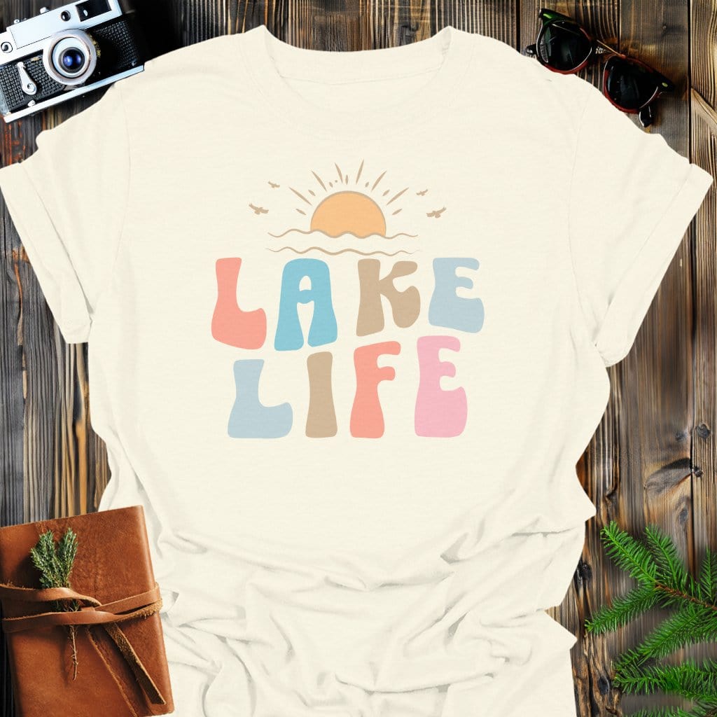 Lake Life Sunset T-Shirt In Natural / S Lightweight adventure tee for outdoor lovers Perfect for hiking camping or road trips Made from soft breathable cotton for all-day comfort Ideal for nature lovers and adventurers FAYO Threads outdoor apparel remember Fun Awaits You Outside