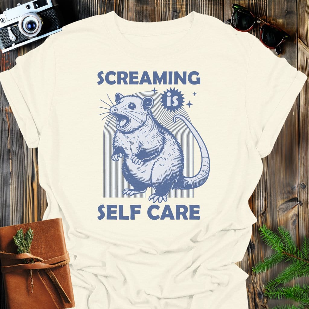 Screaming Opossum T-Shirt In Natural / S Lightweight adventure tee for outdoor lovers Perfect for hiking camping or road trips Made from soft breathable cotton for all-day comfort Ideal for nature lovers and adventurers FAYO Threads outdoor apparel remember Fun Awaits You Outside