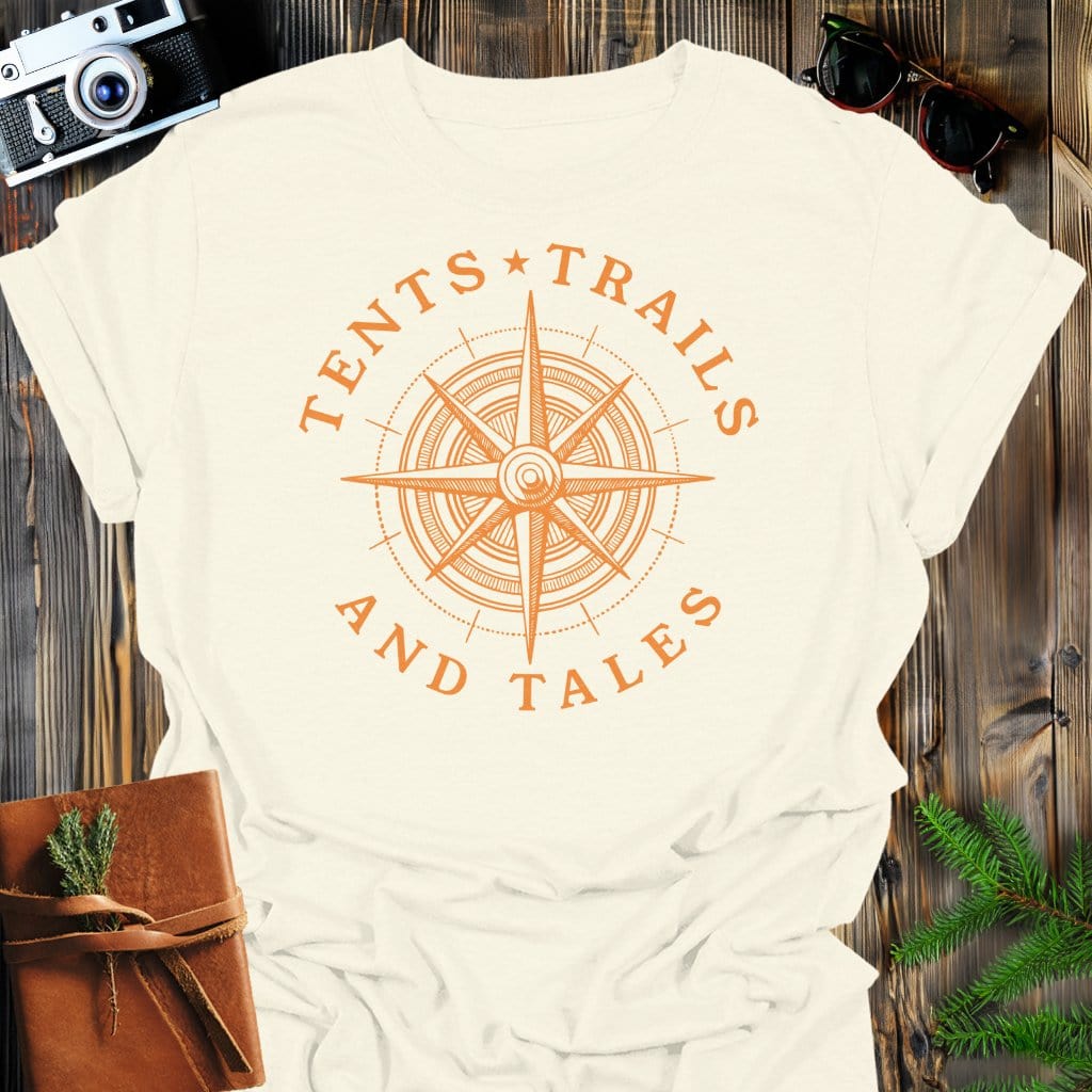 Tents & Trails T-Shirt In Natural / S Lightweight adventure tee for outdoor lovers Perfect for hiking camping or road trips Made from soft breathable cotton for all-day comfort Ideal for nature lovers and adventurers FAYO Threads outdoor apparel remember Fun Awaits You Outside