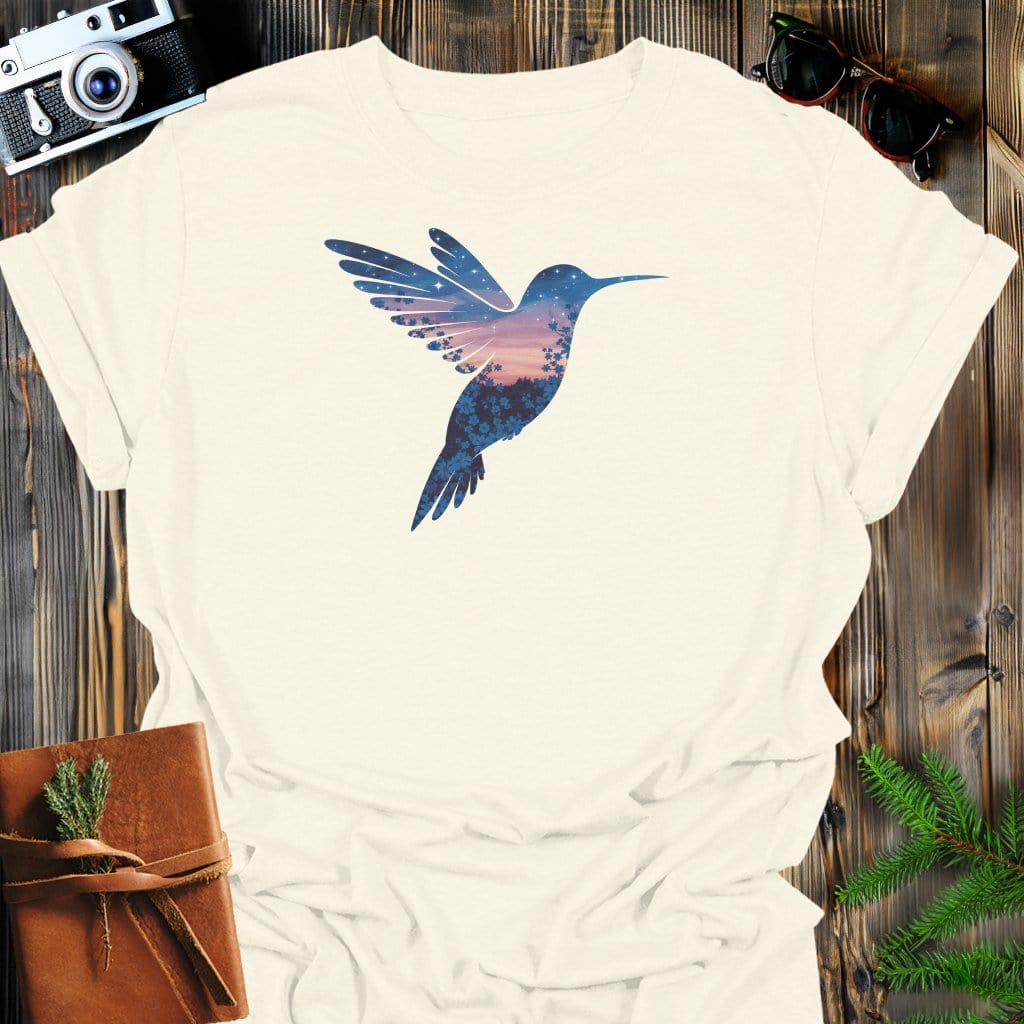 Twilight Hummingbird T-Shirt In Natural / S Lightweight adventure tee for outdoor lovers Perfect for hiking camping or road trips Made from soft breathable cotton for all-day comfort Ideal for nature lovers and adventurers FAYO Threads outdoor apparel remember Fun Awaits You Outside