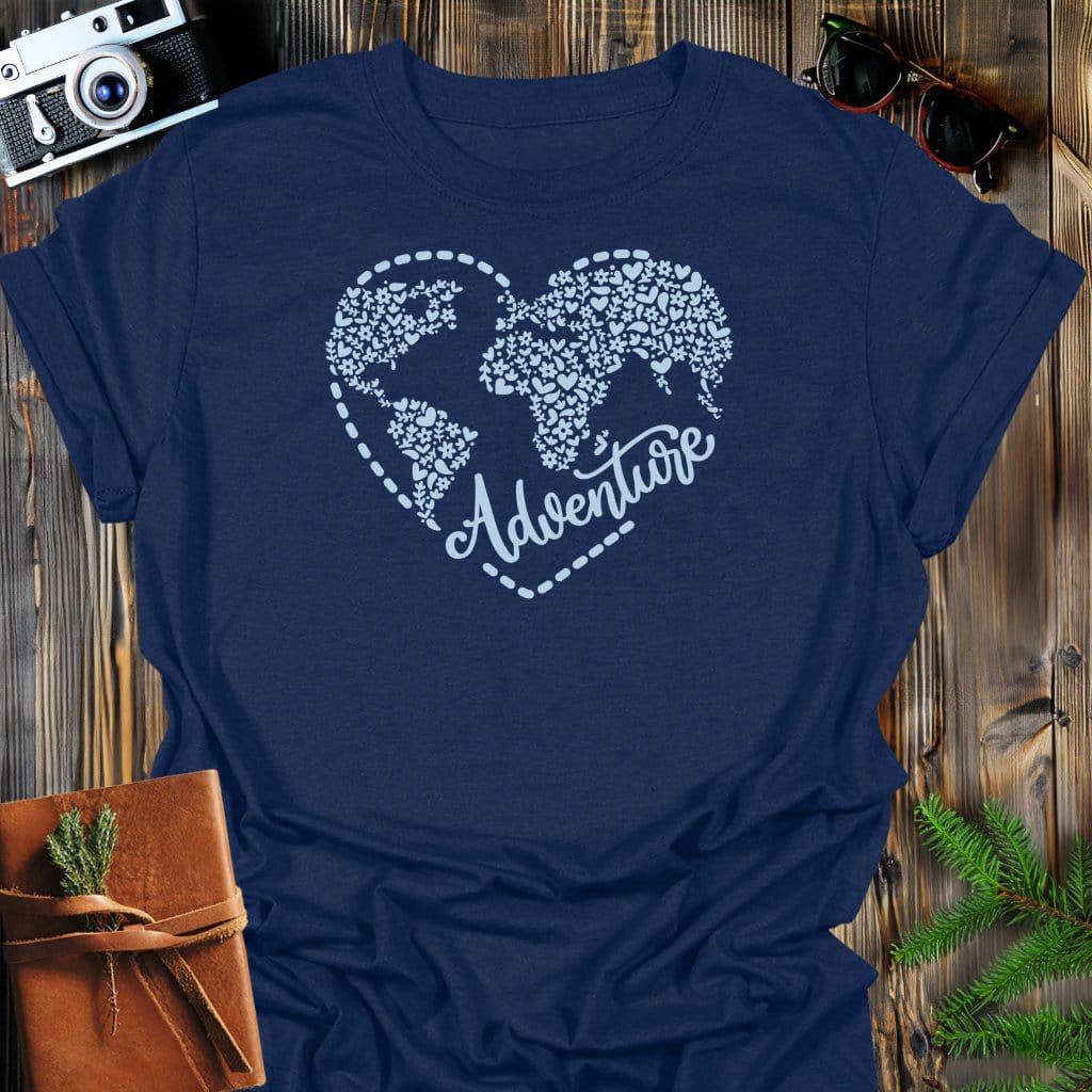 Aventure Heart T-Shirt In Navy / S Lightweight adventure tee for outdoor lovers Perfect for hiking camping or road trips Made from soft breathable cotton for all-day comfort Ideal for nature lovers and adventurers FAYO Threads outdoor apparel remember Fun Awaits You Outside