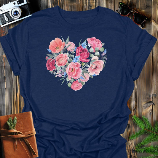 Blossom Heart T-Shirt In Navy / S Lightweight adventure tee for outdoor lovers Perfect for hiking camping or road trips Made from soft breathable cotton for all-day comfort Ideal for nature lovers and adventurers FAYO Threads outdoor apparel remember Fun Awaits You Outside