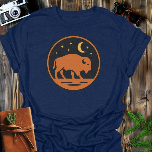 Buffalo Moon T-Shirt In S / Navy Lightweight adventure tee for outdoor lovers Perfect for hiking camping or road trips Made from soft breathable cotton for all-day comfort Ideal for nature lovers and adventurers FAYO Threads outdoor apparel remember Fun Awaits You Outside