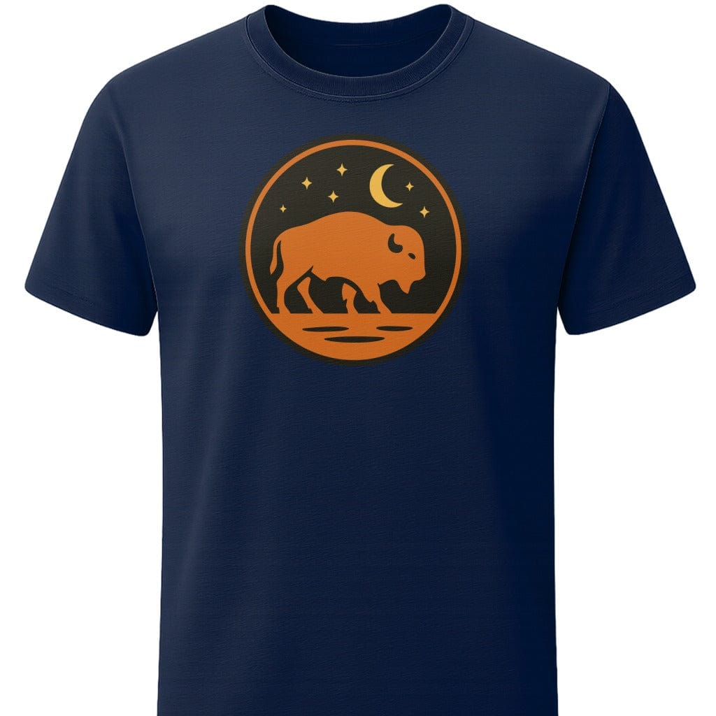 Buffalo Moon T-Shirt In S / Navy Lightweight adventure tee for outdoor lovers Perfect for hiking camping or road trips Made from soft breathable cotton for all-day comfort Ideal for nature lovers and adventurers FAYO Threads outdoor apparel remember Fun Awaits You Outside