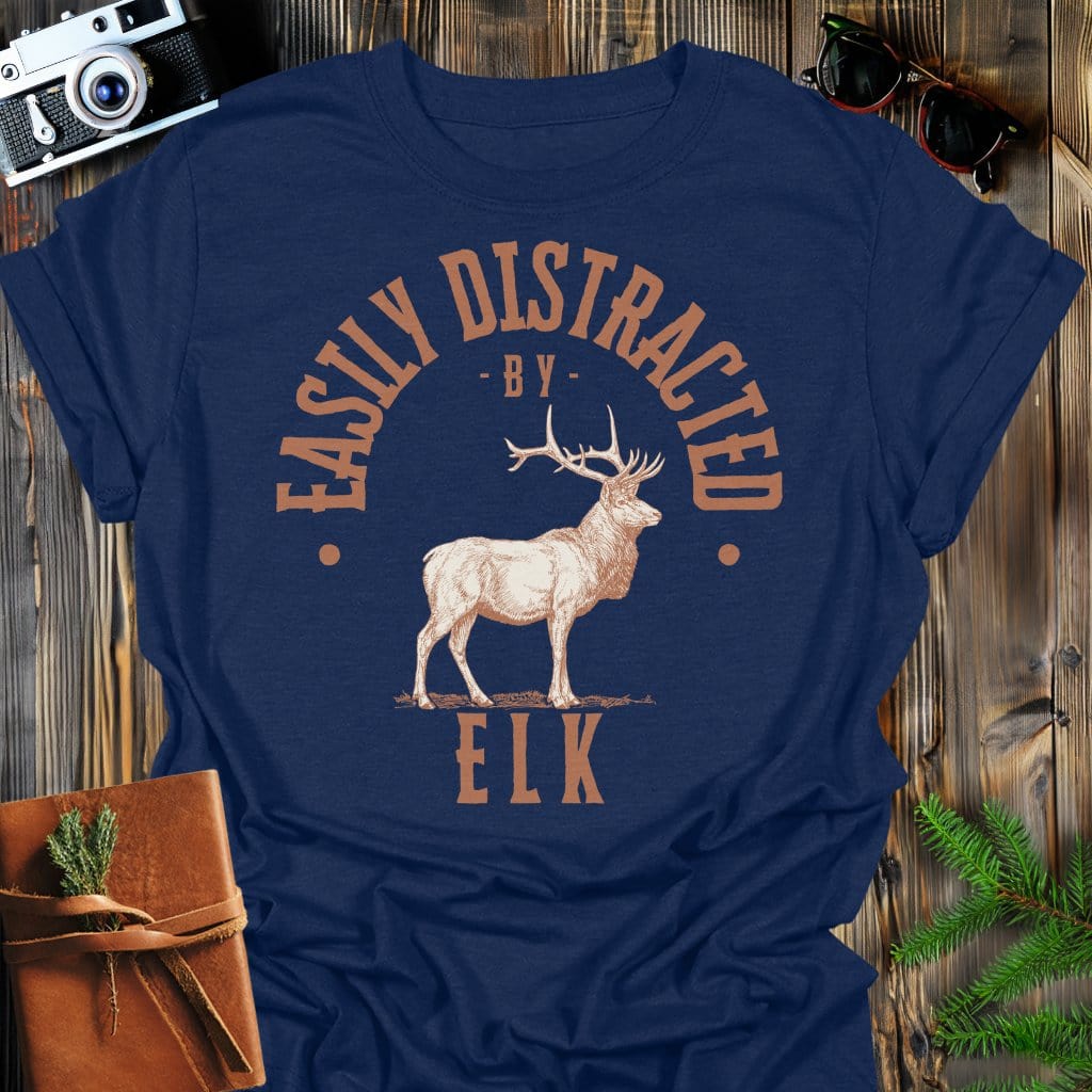 Distracted by Elk T-Shirt In S / Navy Lightweight adventure tee for outdoor lovers Perfect for hiking camping or road trips Made from soft breathable cotton for all-day comfort Ideal for nature lovers and adventurers FAYO Threads outdoor apparel remember Fun Awaits You Outside