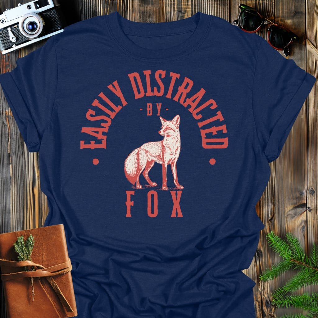 Distracted by Fox T-Shirt In S / Navy Lightweight adventure tee for outdoor lovers Perfect for hiking camping or road trips Made from soft breathable cotton for all-day comfort Ideal for nature lovers and adventurers FAYO Threads outdoor apparel remember Fun Awaits You Outside
