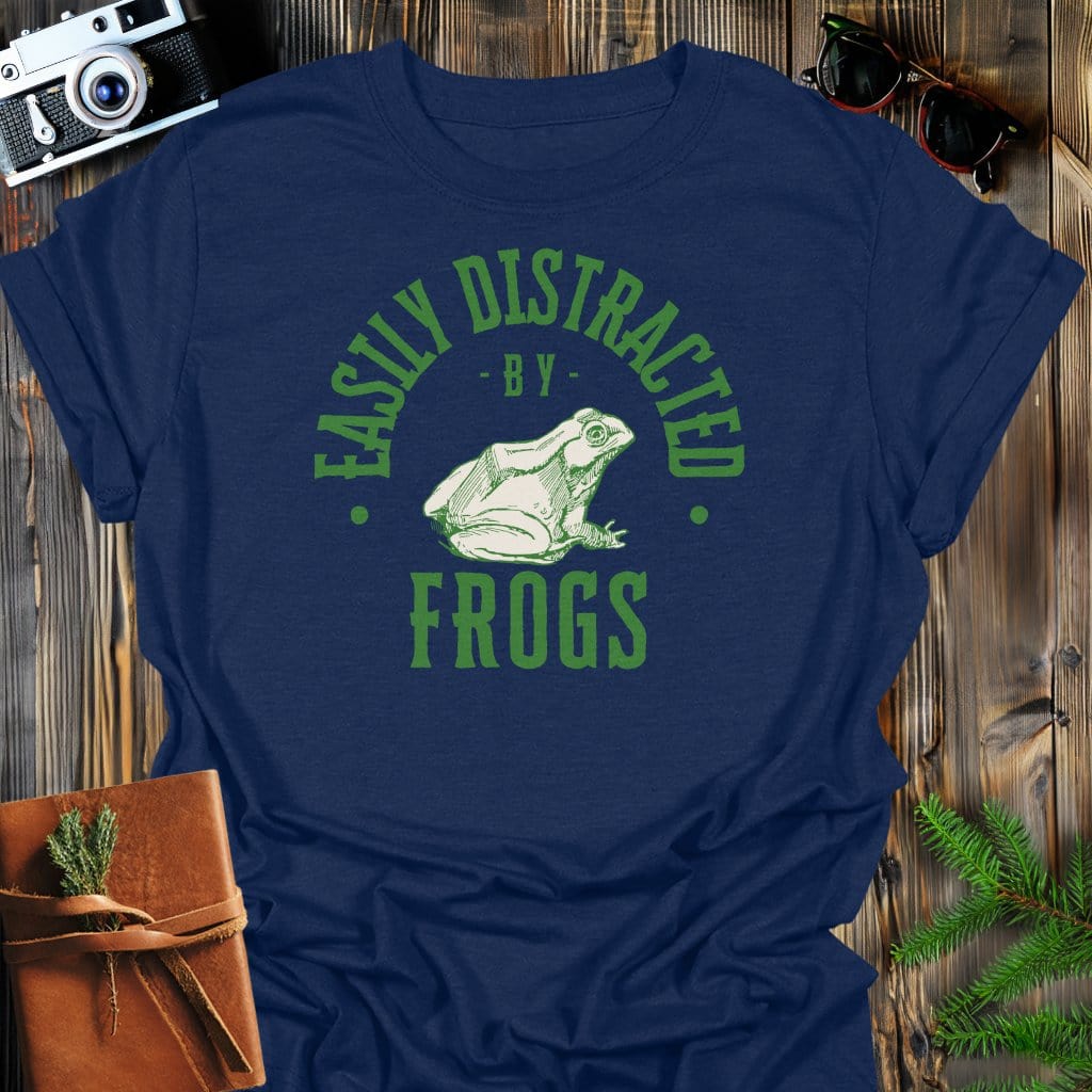 Distracted By Frogs T-Shirt In S / Navy Lightweight adventure tee for outdoor lovers Perfect for hiking camping or road trips Made from soft breathable cotton for all-day comfort Ideal for nature lovers and adventurers FAYO Threads outdoor apparel remember Fun Awaits You Outside