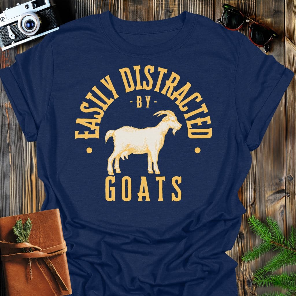 Distracted by Goats T-Shirt In S / Navy Lightweight adventure tee for outdoor lovers Perfect for hiking camping or road trips Made from soft breathable cotton for all-day comfort Ideal for nature lovers and adventurers FAYO Threads outdoor apparel remember Fun Awaits You Outside