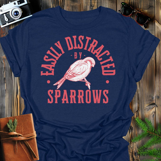 Distracted by Sparrows T-Shirt In S / Navy Lightweight adventure tee for outdoor lovers Perfect for hiking camping or road trips Made from soft breathable cotton for all-day comfort Ideal for nature lovers and adventurers FAYO Threads outdoor apparel remember Fun Awaits You Outside