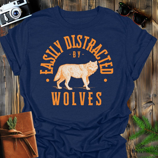 Distracted by Wolves T-Shirt In S / Navy Lightweight adventure tee for outdoor lovers Perfect for hiking camping or road trips Made from soft breathable cotton for all-day comfort Ideal for nature lovers and adventurers FAYO Threads outdoor apparel remember Fun Awaits You Outside