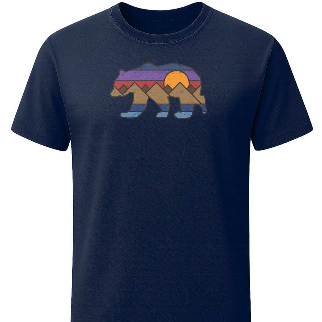 Distressed Bear Sunset T-Shirt In S / Navy Lightweight adventure tee for outdoor lovers Perfect for hiking camping or road trips Made from soft breathable cotton for all-day comfort Ideal for nature lovers and adventurers FAYO Threads outdoor apparel remember Fun Awaits You Outside