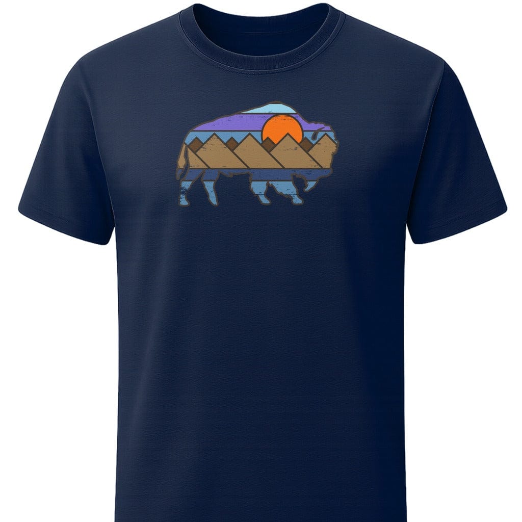 Distressed Buffalo Sunset T-Shirt In S / Navy Lightweight adventure tee for outdoor lovers Perfect for hiking camping or road trips Made from soft breathable cotton for all-day comfort Ideal for nature lovers and adventurers FAYO Threads outdoor apparel remember Fun Awaits You Outside