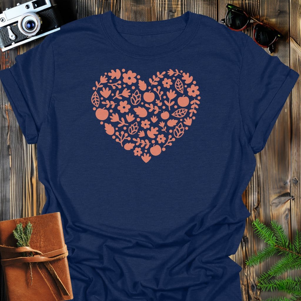 Floral Heart T-Shirt In Navy / S Lightweight adventure tee for outdoor lovers Perfect for hiking camping or road trips Made from soft breathable cotton for all-day comfort Ideal for nature lovers and adventurers FAYO Threads outdoor apparel remember Fun Awaits You Outside