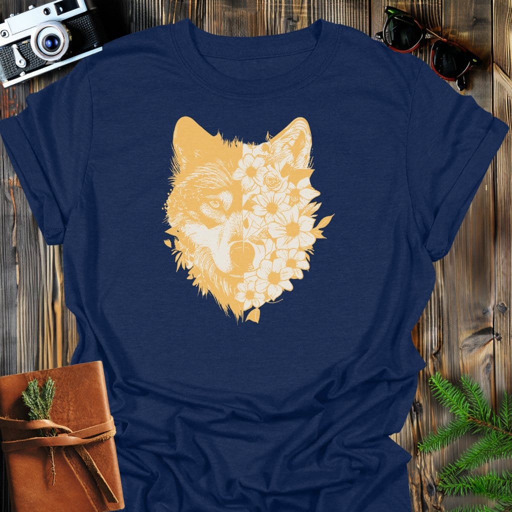 Floral Wolf T-Shirt In Navy / S Lightweight adventure tee for outdoor lovers Perfect for hiking camping or road trips Made from soft breathable cotton for all-day comfort Ideal for nature lovers and adventurers FAYO Threads outdoor apparel remember Fun Awaits You Outside