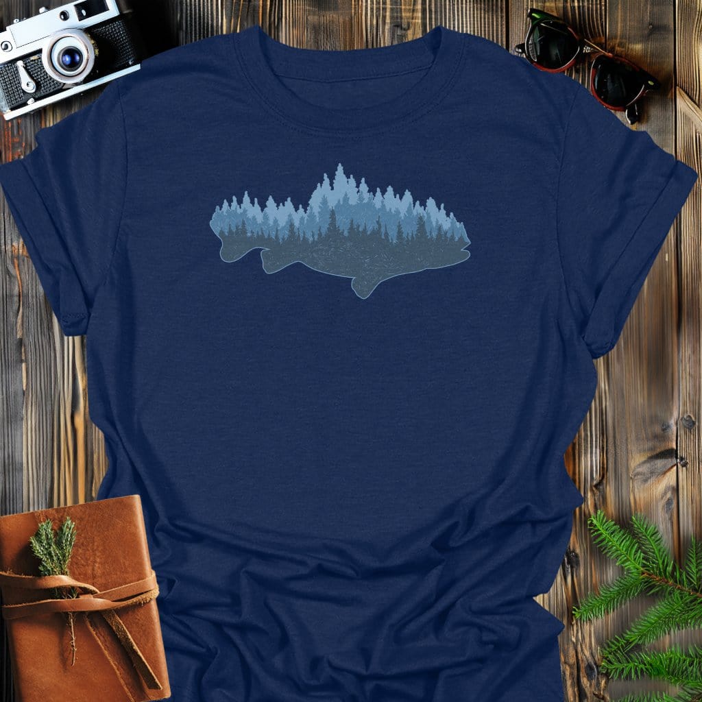 Forest Fish T-Shirt In Navy / S Lightweight adventure tee for outdoor lovers Perfect for hiking camping or road trips Made from soft breathable cotton for all-day comfort Ideal for nature lovers and adventurers FAYO Threads outdoor apparel remember Fun Awaits You Outside