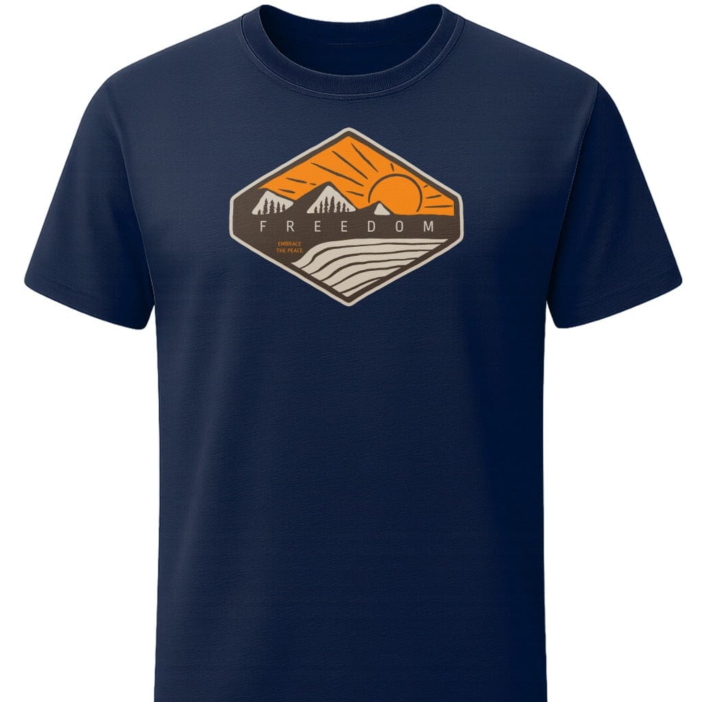 Freedom Mountain Peaks T-Shirt In S / Navy Lightweight adventure tee for outdoor lovers Perfect for hiking camping or road trips Made from soft breathable cotton for all-day comfort Ideal for nature lovers and adventurers FAYO Threads outdoor apparel remember Fun Awaits You Outside