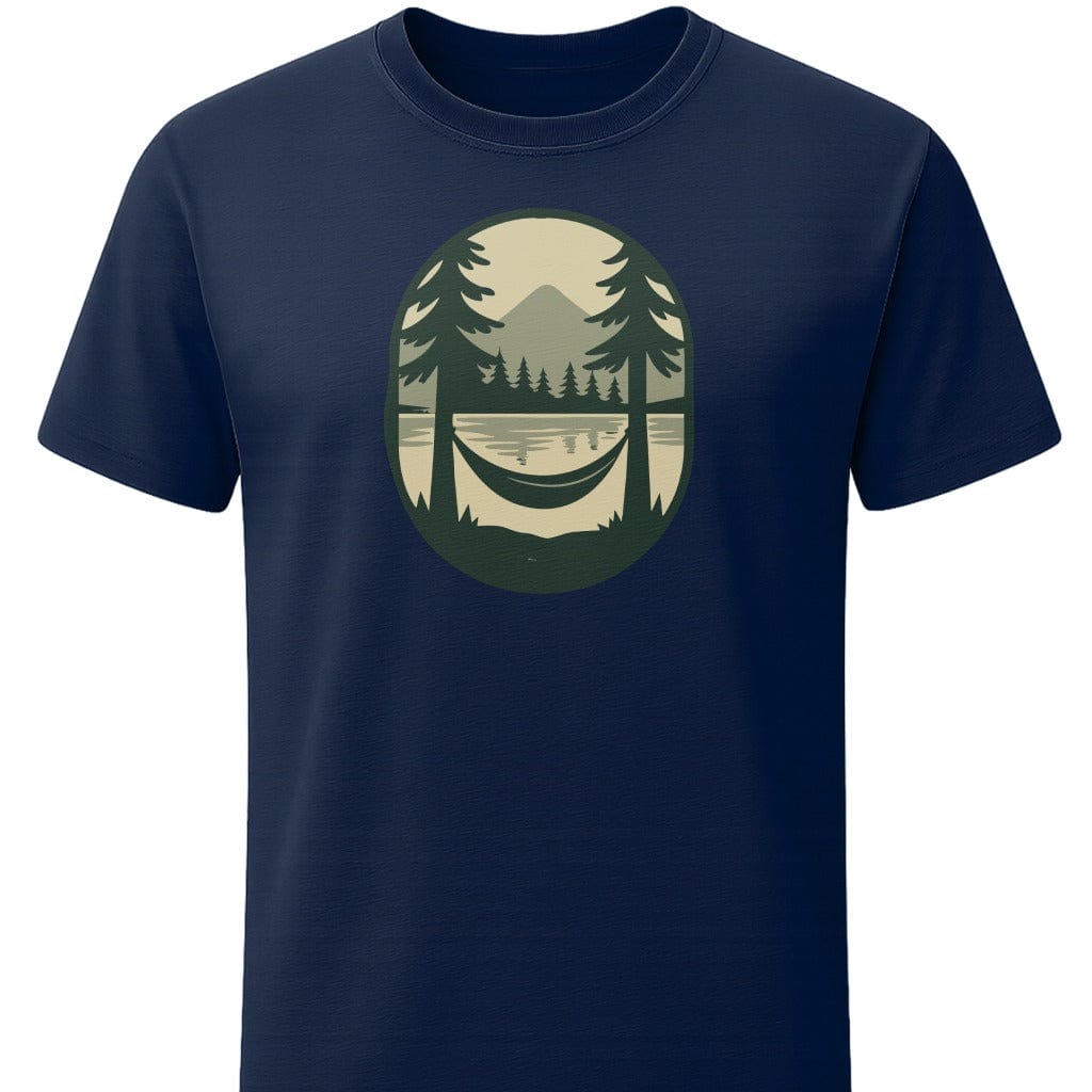 Hammock Lake T-Shirt In S / Navy Lightweight adventure tee for outdoor lovers Perfect for hiking camping or road trips Made from soft breathable cotton for all-day comfort Ideal for nature lovers and adventurers FAYO Threads outdoor apparel remember Fun Awaits You Outside
