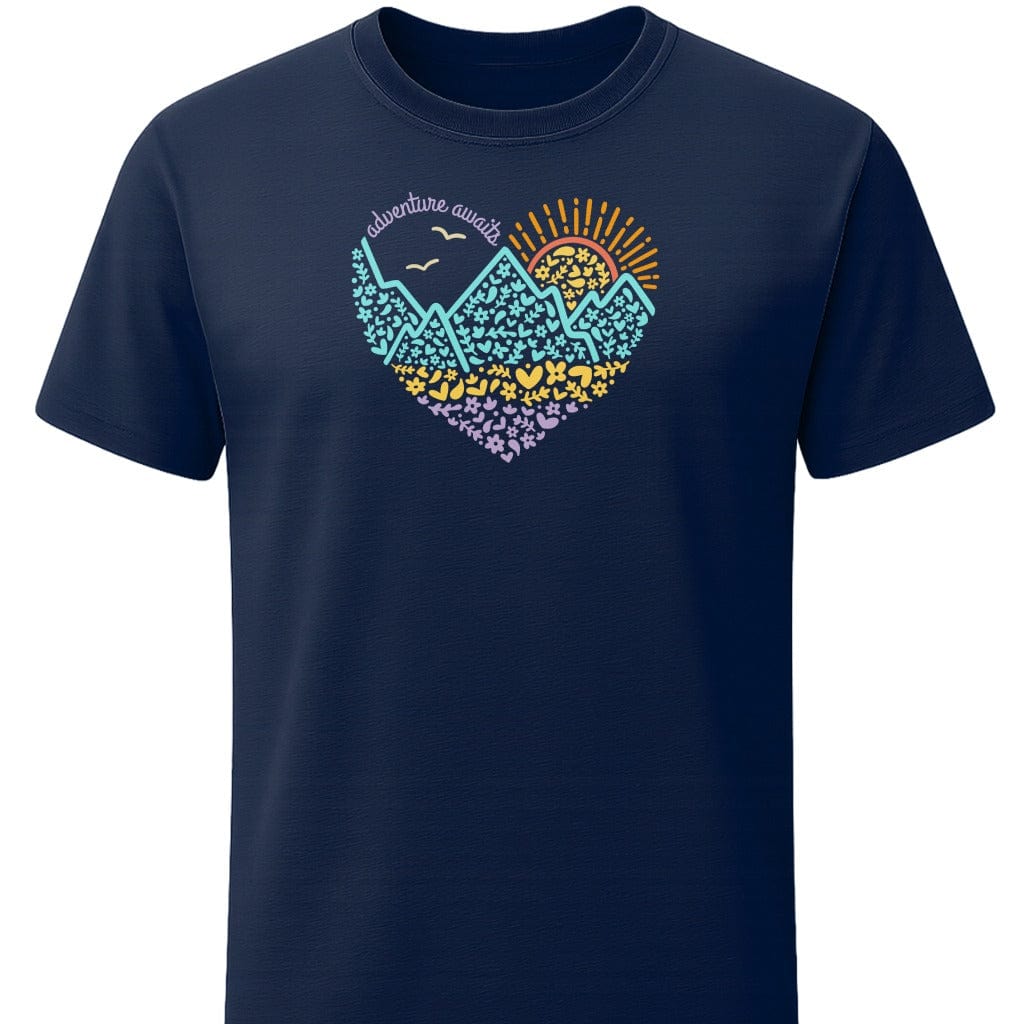 Heart Adventure Awaits T-Shirt In S / Navy Lightweight adventure tee for outdoor lovers Perfect for hiking camping or road trips Made from soft breathable cotton for all-day comfort Ideal for nature lovers and adventurers FAYO Threads outdoor apparel remember Fun Awaits You Outside