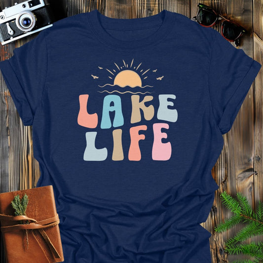 Lake Life Sunset T-Shirt In Navy / S Lightweight adventure tee for outdoor lovers Perfect for hiking camping or road trips Made from soft breathable cotton for all-day comfort Ideal for nature lovers and adventurers FAYO Threads outdoor apparel remember Fun Awaits You Outside