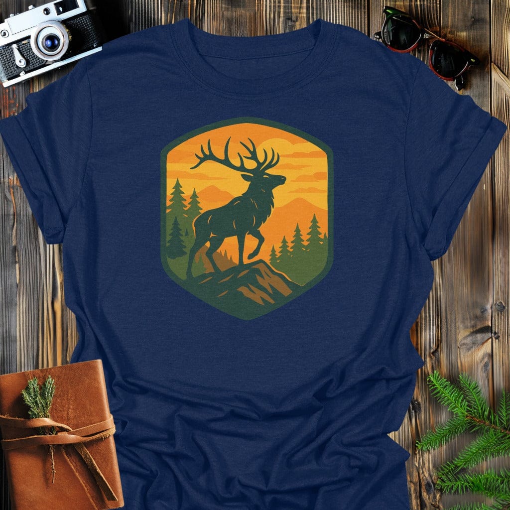 Majestic Retro Elk T-Shirt In S / Navy Lightweight adventure tee for outdoor lovers Perfect for hiking camping or road trips Made from soft breathable cotton for all-day comfort Ideal for nature lovers and adventurers FAYO Threads outdoor apparel remember Fun Awaits You Outside