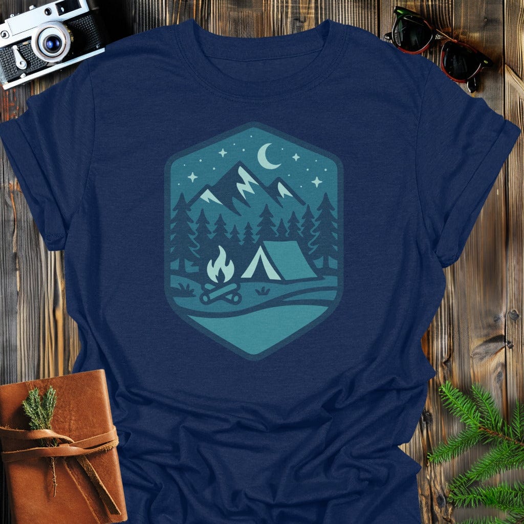 Midnight Bonfire T-Shirt In S / Navy Lightweight adventure tee for outdoor lovers Perfect for hiking camping or road trips Made from soft breathable cotton for all-day comfort Ideal for nature lovers and adventurers FAYO Threads outdoor apparel remember Fun Awaits You Outside