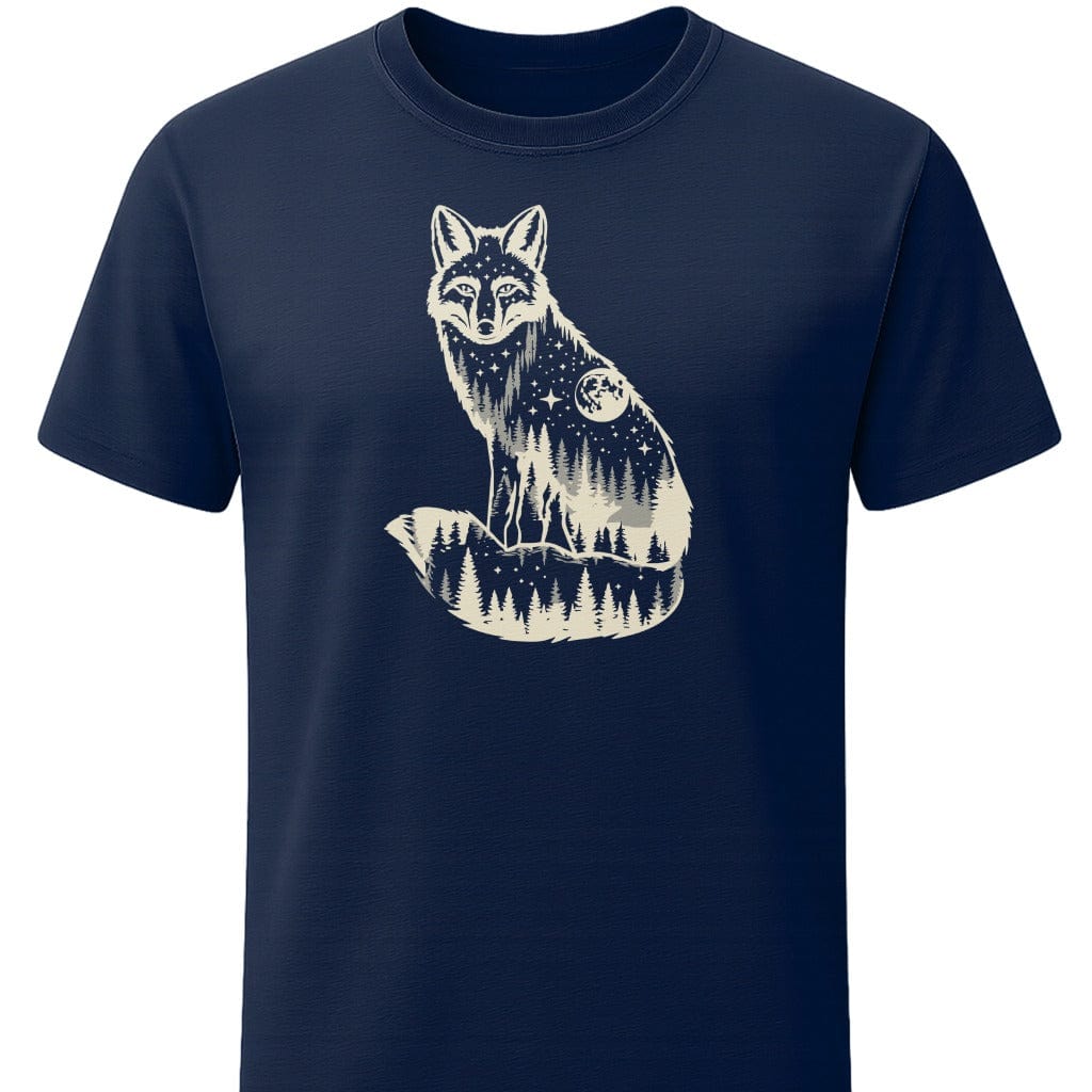 Moonlit Fox T-Shirt In S / Navy Lightweight adventure tee for outdoor lovers Perfect for hiking camping or road trips Made from soft breathable cotton for all-day comfort Ideal for nature lovers and adventurers FAYO Threads outdoor apparel remember Fun Awaits You Outside