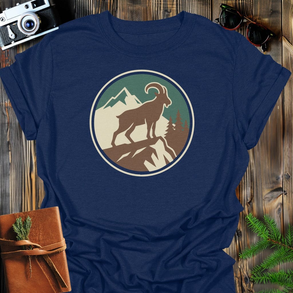 Mountain Goat Badge T-Shirt In S / Navy Lightweight adventure tee for outdoor lovers Perfect for hiking camping or road trips Made from soft breathable cotton for all-day comfort Ideal for nature lovers and adventurers FAYO Threads outdoor apparel remember Fun Awaits You Outside