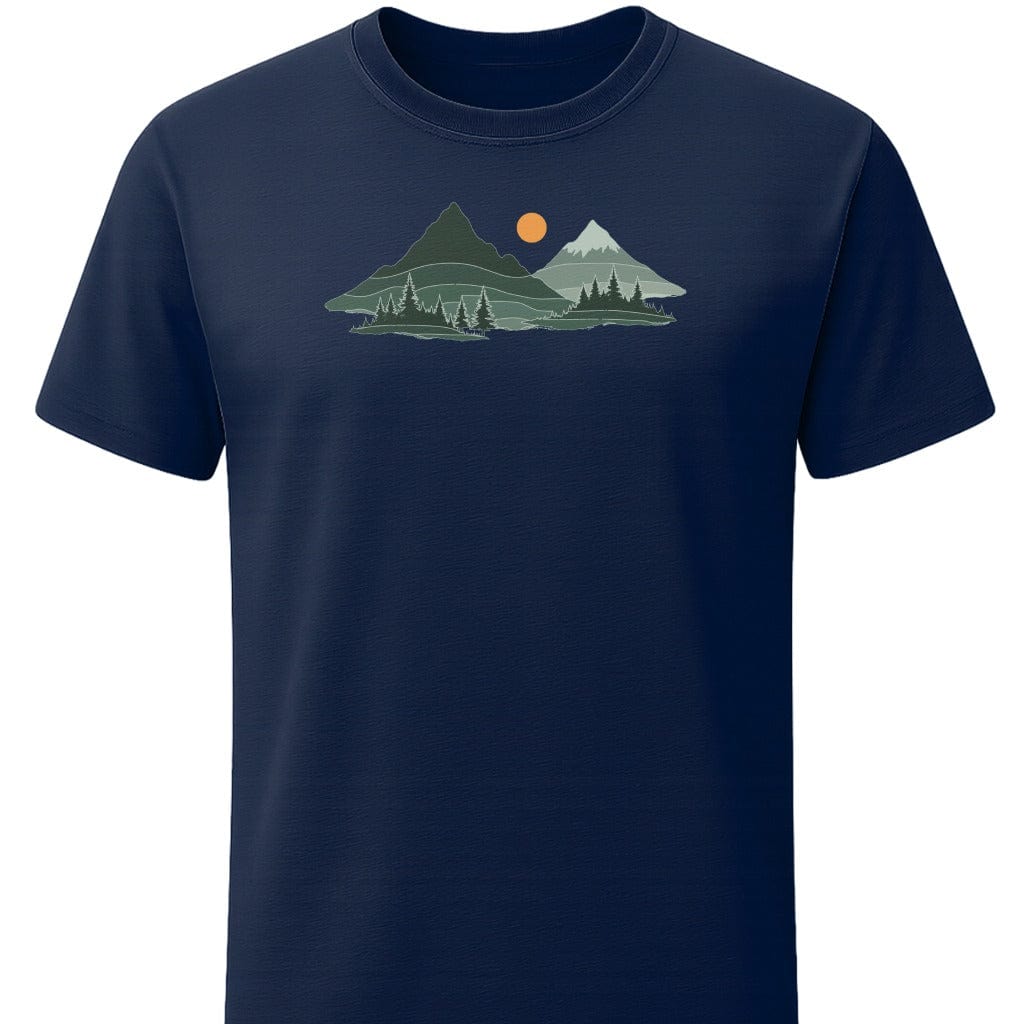 Mountain Sunset T-Shirt In S / Navy Lightweight adventure tee for outdoor lovers Perfect for hiking camping or road trips Made from soft breathable cotton for all-day comfort Ideal for nature lovers and adventurers FAYO Threads outdoor apparel remember Fun Awaits You Outside