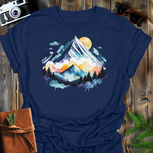 Painted Peaks T-Shirt In Navy / S Lightweight adventure tee for outdoor lovers Perfect for hiking camping or road trips Made from soft breathable cotton for all-day comfort Ideal for nature lovers and adventurers FAYO Threads outdoor apparel remember Fun Awaits You Outside