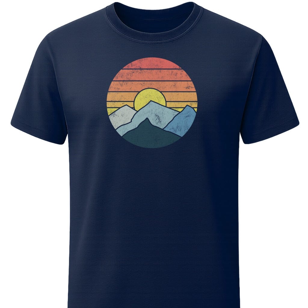 Retro Distressed Mountain Sunset T-Shirt In S / Navy Lightweight adventure tee for outdoor lovers Perfect for hiking camping or road trips Made from soft breathable cotton for all-day comfort Ideal for nature lovers and adventurers FAYO Threads outdoor apparel remember Fun Awaits You Outside