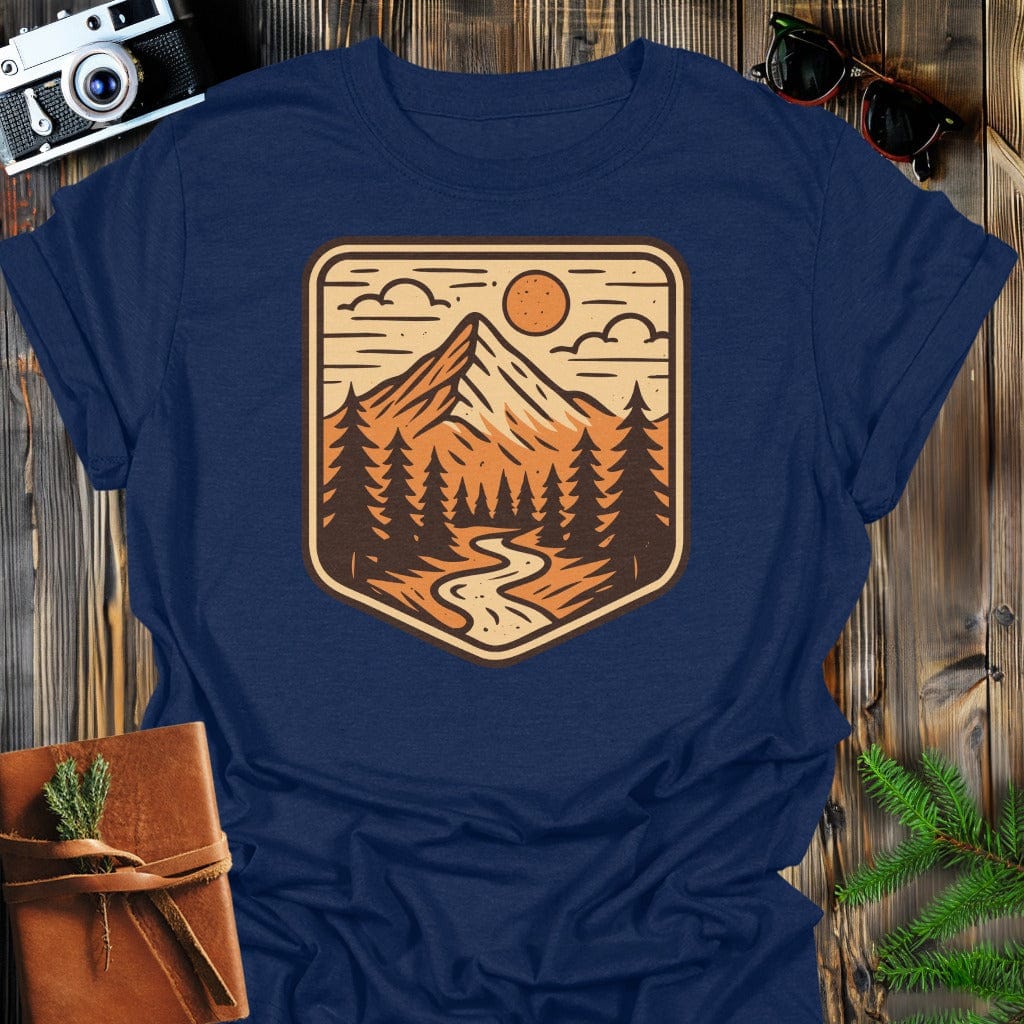 Retro Mountain River T-Shirt In S / Navy Lightweight adventure tee for outdoor lovers Perfect for hiking camping or road trips Made from soft breathable cotton for all-day comfort Ideal for nature lovers and adventurers FAYO Threads outdoor apparel remember Fun Awaits You Outside