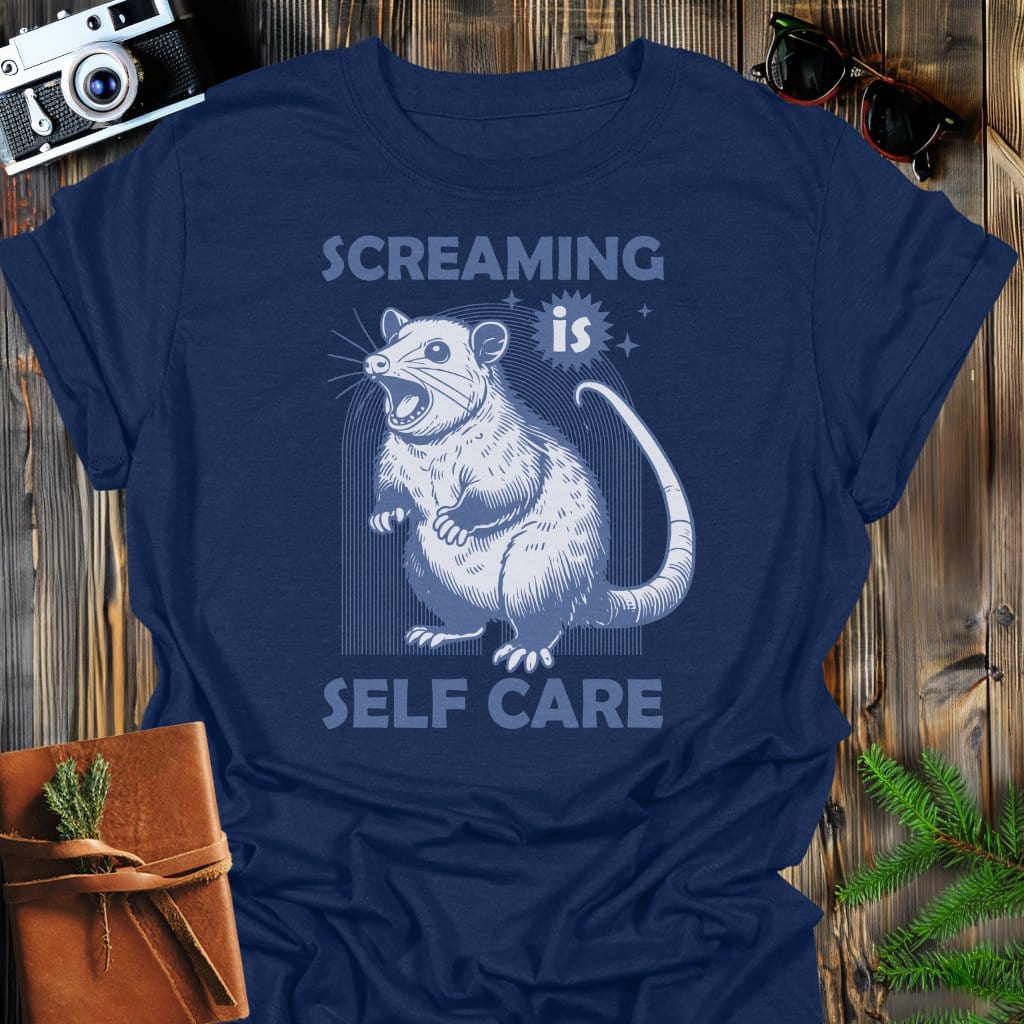 Screaming Opossum T-Shirt In Navy / S Lightweight adventure tee for outdoor lovers Perfect for hiking camping or road trips Made from soft breathable cotton for all-day comfort Ideal for nature lovers and adventurers FAYO Threads outdoor apparel remember Fun Awaits You Outside