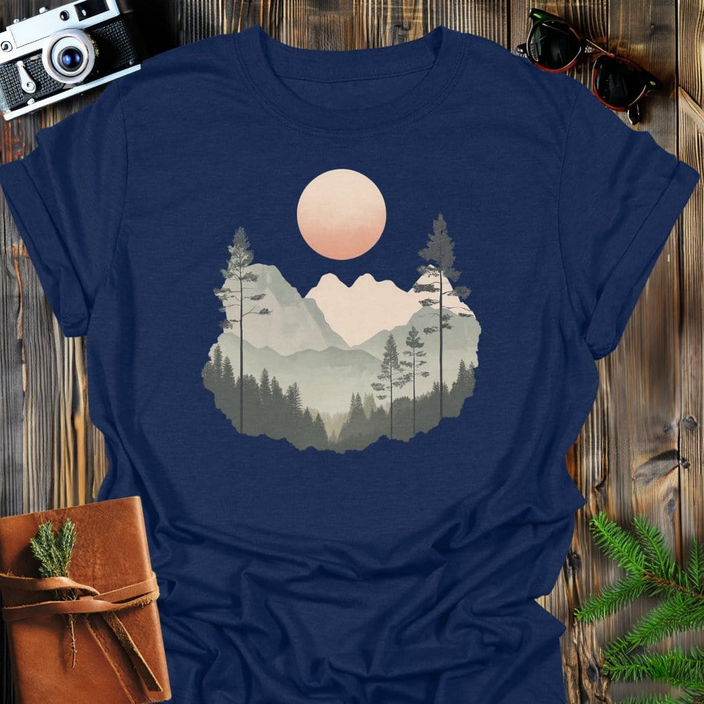 Serene Peaks T-Shirt In Navy / S Lightweight adventure tee for outdoor lovers Perfect for hiking camping or road trips Made from soft breathable cotton for all-day comfort Ideal for nature lovers and adventurers FAYO Threads outdoor apparel remember Fun Awaits You Outside