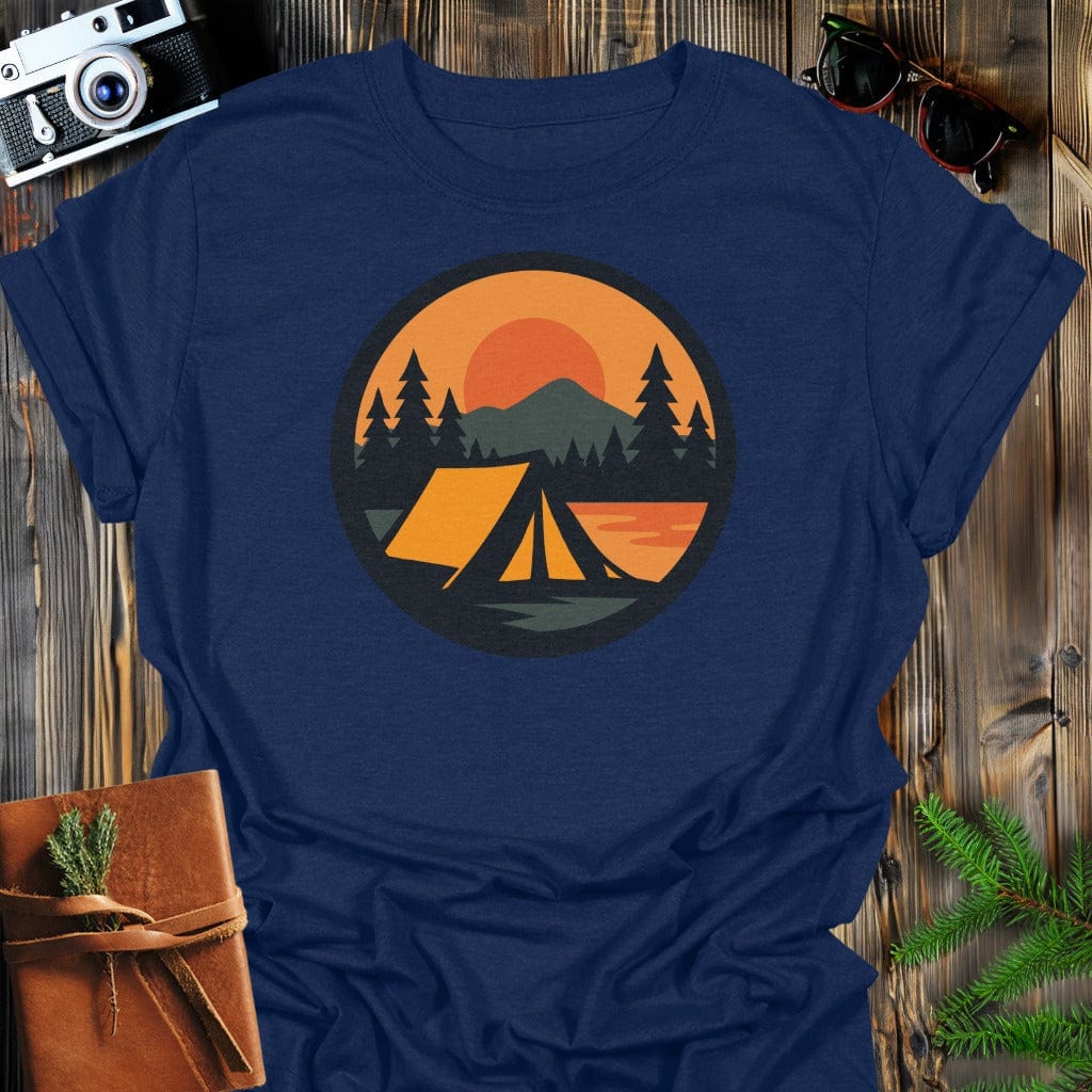 Sunset Tent T-Shirt In S / Navy Lightweight adventure tee for outdoor lovers Perfect for hiking camping or road trips Made from soft breathable cotton for all-day comfort Ideal for nature lovers and adventurers FAYO Threads outdoor apparel remember Fun Awaits You Outside