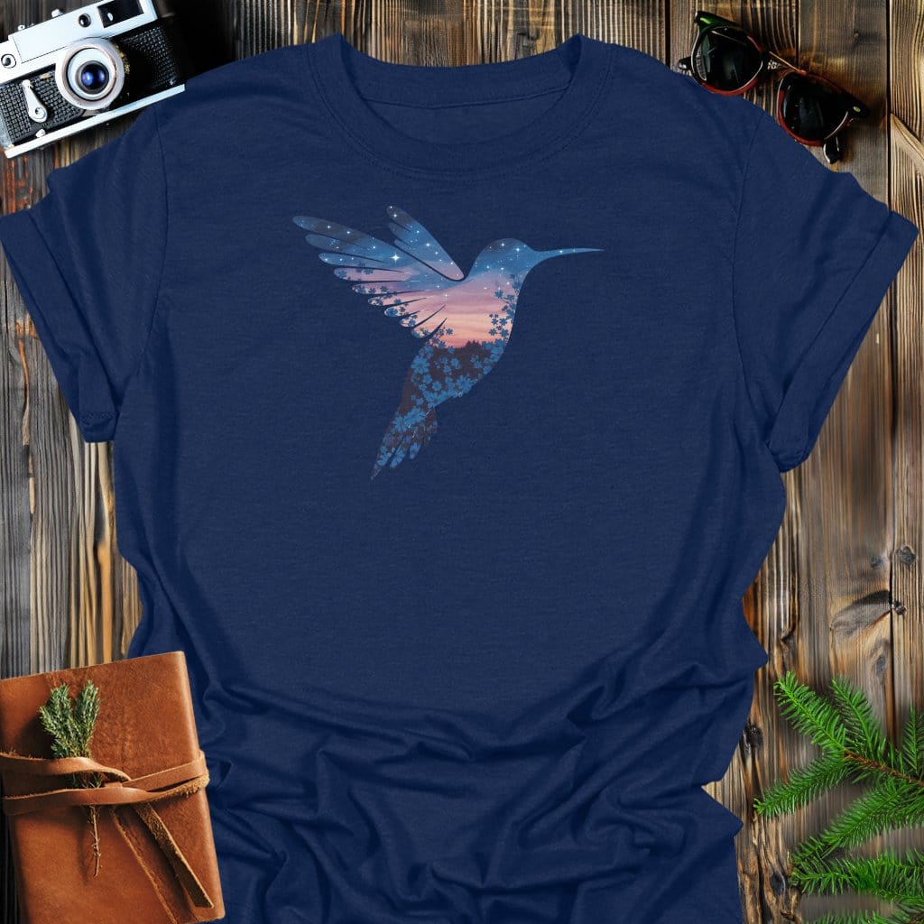 Twilight Hummingbird T-Shirt In Navy / S Lightweight adventure tee for outdoor lovers Perfect for hiking camping or road trips Made from soft breathable cotton for all-day comfort Ideal for nature lovers and adventurers FAYO Threads outdoor apparel remember Fun Awaits You Outside