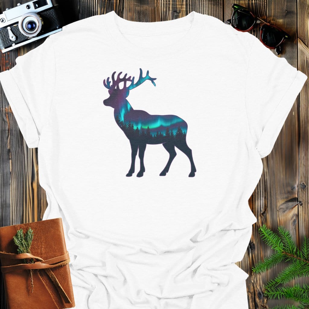 Aurora Stag T-Shirt In White / S Lightweight adventure tee for outdoor lovers Perfect for hiking camping or road trips Made from soft breathable cotton for all-day comfort Ideal for nature lovers and adventurers FAYO Threads outdoor apparel remember Fun Awaits You Outside