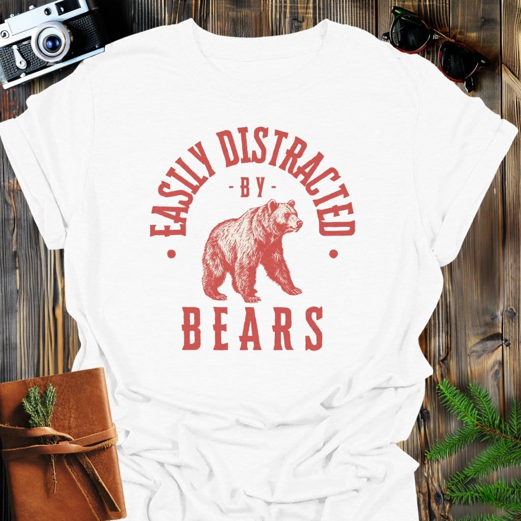 Distracted by Bears T-Shirt In S / White Lightweight adventure tee for outdoor lovers Perfect for hiking camping or road trips Made from soft breathable cotton for all-day comfort Ideal for nature lovers and adventurers FAYO Threads outdoor apparel remember Fun Awaits You Outside