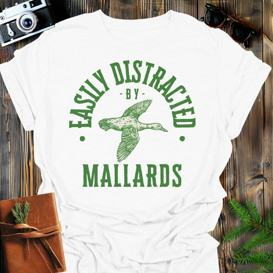 Distracted by Mallards T-Shirt In S / White Lightweight adventure tee for outdoor lovers Perfect for hiking camping or road trips Made from soft breathable cotton for all-day comfort Ideal for nature lovers and adventurers FAYO Threads outdoor apparel remember Fun Awaits You Outside