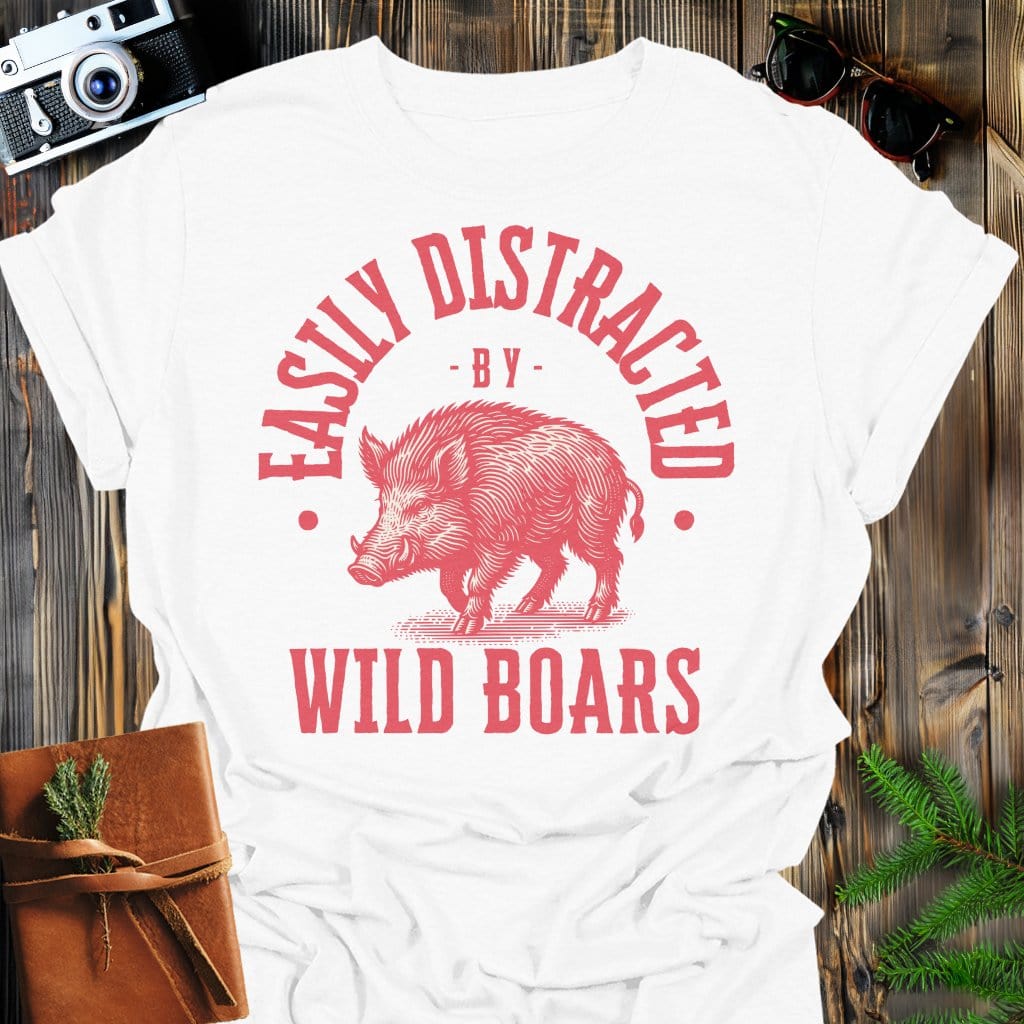 Distracted by Wild Boars T-Shirt In S / White Lightweight adventure tee for outdoor lovers Perfect for hiking camping or road trips Made from soft breathable cotton for all-day comfort Ideal for nature lovers and adventurers FAYO Threads outdoor apparel remember Fun Awaits You Outside