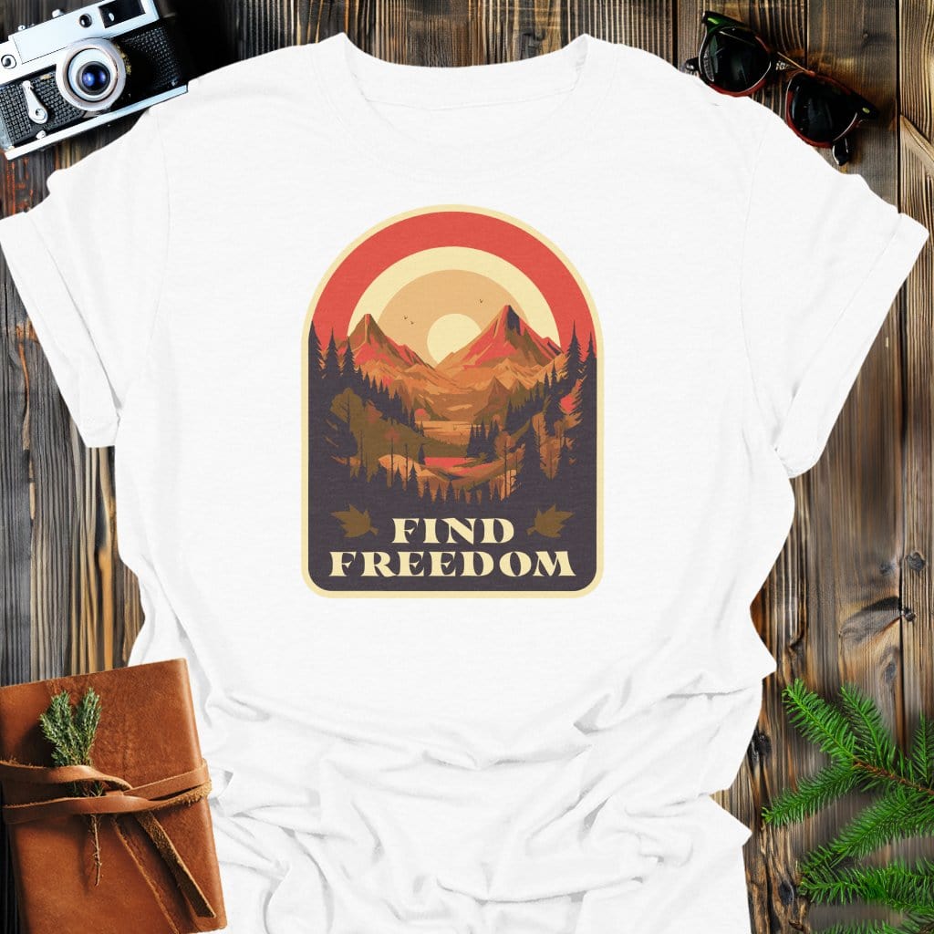 Find Freedom T-Shirt In White / S Lightweight adventure tee for outdoor lovers Perfect for hiking camping or road trips Made from soft breathable cotton for all-day comfort Ideal for nature lovers and adventurers FAYO Threads outdoor apparel remember Fun Awaits You Outside